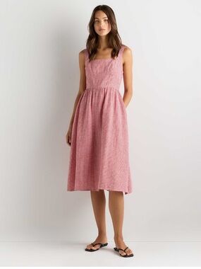 Quince 100% European Linen Fit & Flare Midi Dress Classic Mini Gingham NEW Red L